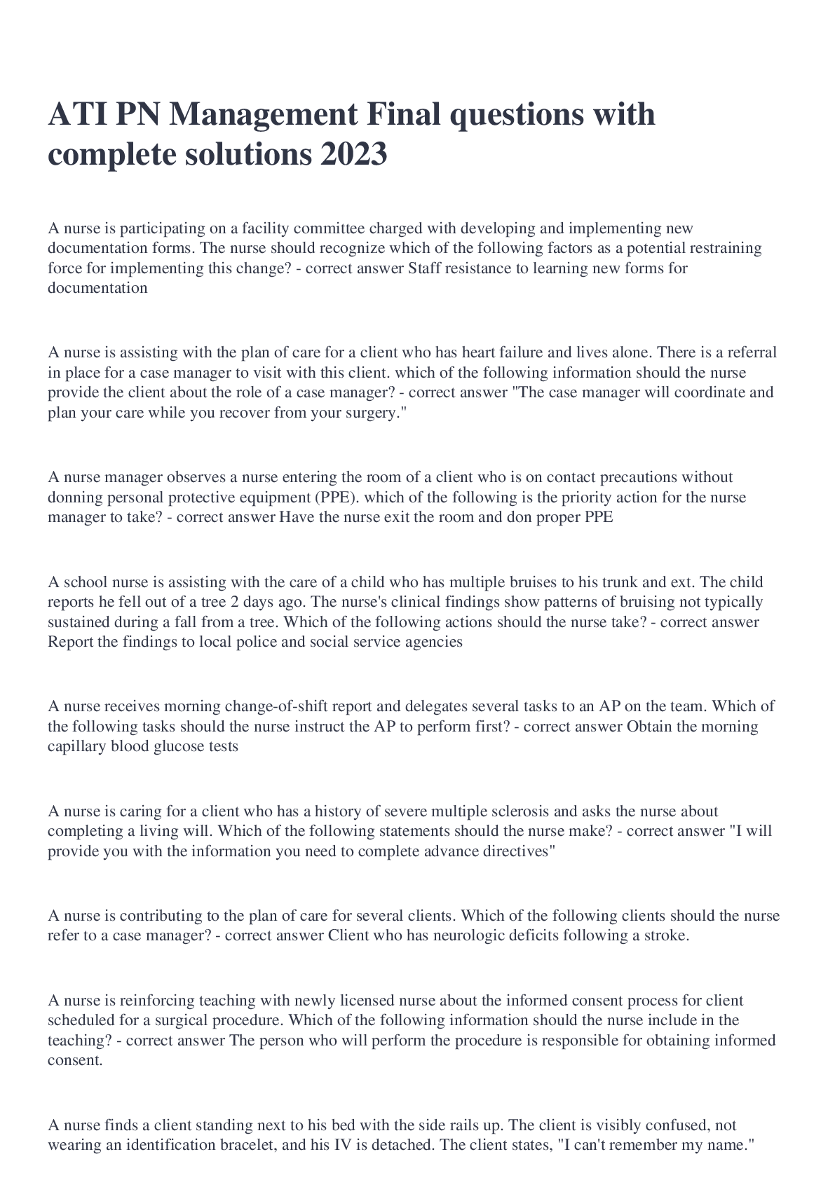 Preview image for ATI PN Management Final questions with complete solutions 2023